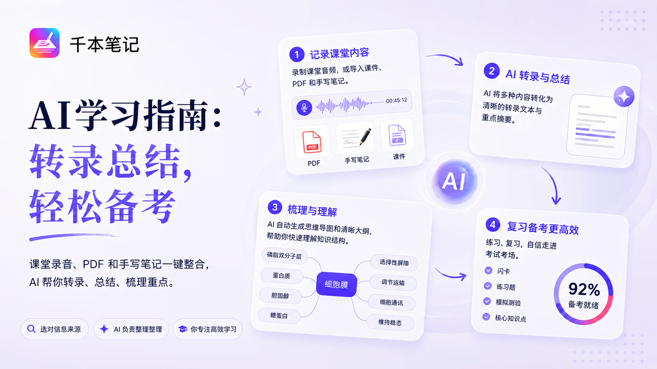 千本笔记AI使用指南:转录总结,助你轻松通关考试